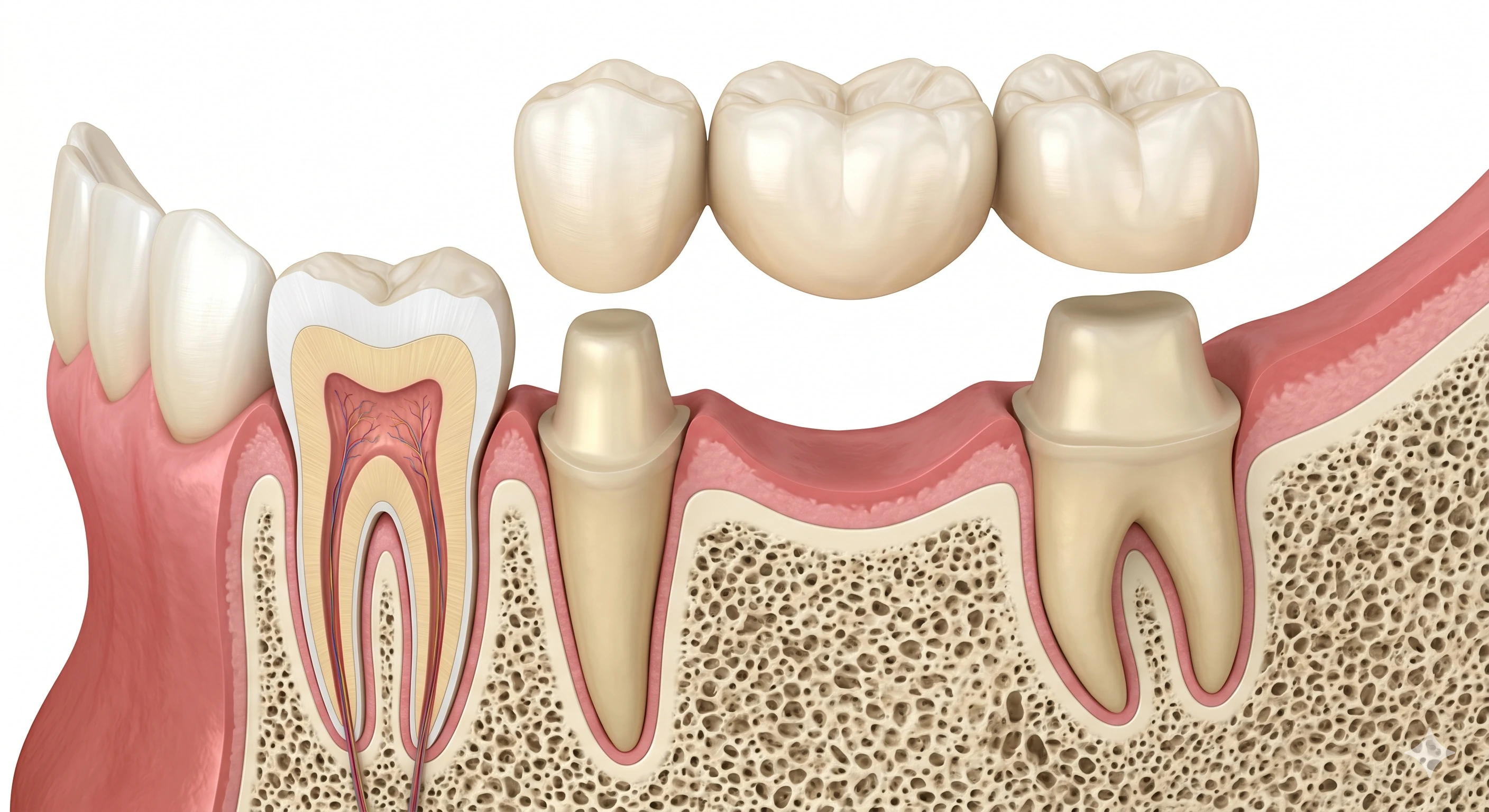 Cross-section illustration of a 3-unit dental bridge showing natural tooth, crown-prepared abutments and pontic hovering above