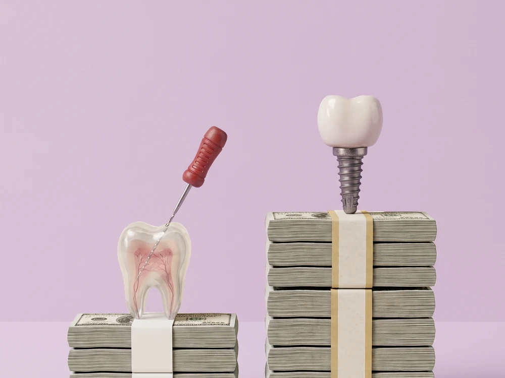 Illustration comparing a short stack of currency topped by a treated tooth against a much taller stack topped by a dental implant